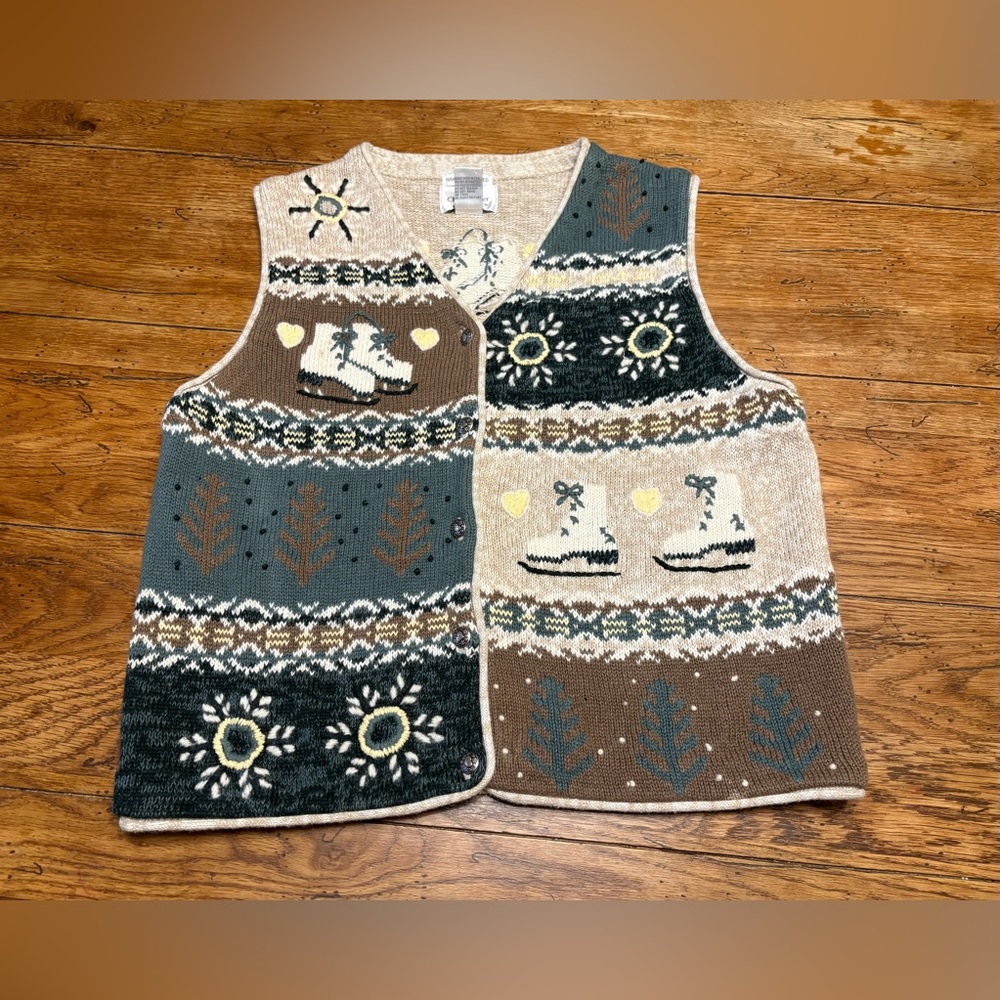 90’s Cotton Grandmacore Embroidered Ice Skate Indie Cardigan Vest Knit Sweater